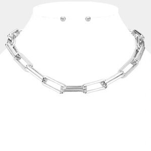 Chunky Stainless Steel Double Paper Clip Necklacee & Earring Set